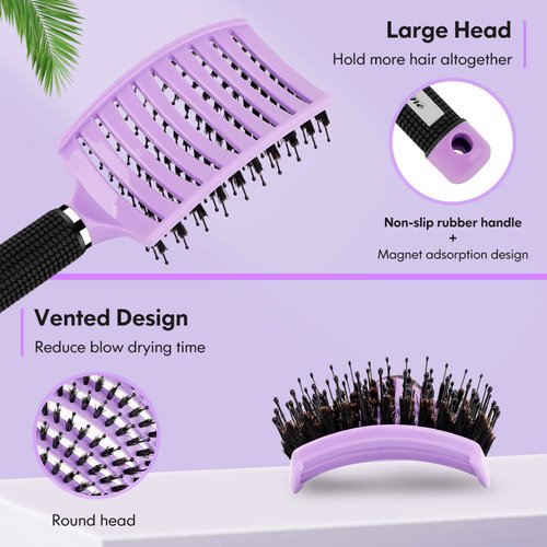 Hair Brush, Boar Bristle Hair Brushes for Women Men kids, Curved Vented Styling Hairbrush Faster Blow Drying, Paddle Detangler Brush for Wet Dry Curly Thick Hair Smoothing Massaging Detangling(Purple)