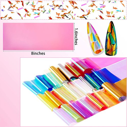 100 Pieces Iridescent Nail Art Glass Paper Cellophane Holographic DIY Mixed Colors Broken Glass Paper reflective Mirror Foils Nail Art Stickers Dichroic Film Designs