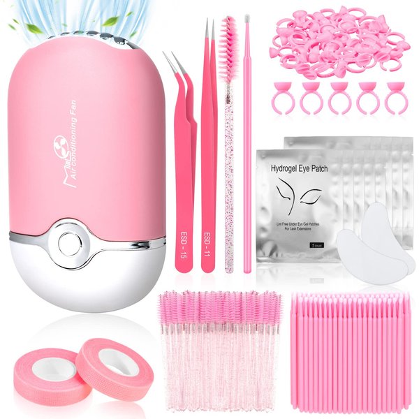 Modacraft Eyelash Extension Supplies Kit for Beginners with USB Air Conditioning Blower 2 Lash Tweezers, 100 Mascara Brushes, 50 Micro Applicators 50 Ring Cup Holders, 2 Tapes 10 Eye Gel Pads