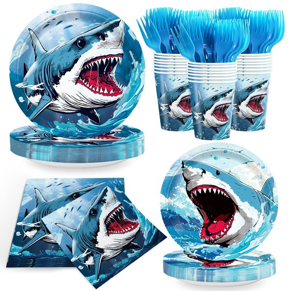 120pcs Shark Party Plates and Napkins Shark Birthday Party Supplies Paper Cups Ocean Dinner Under the Sea Party Supplies Tableware for Kids Boy Birthday Party Serve 24 Guests