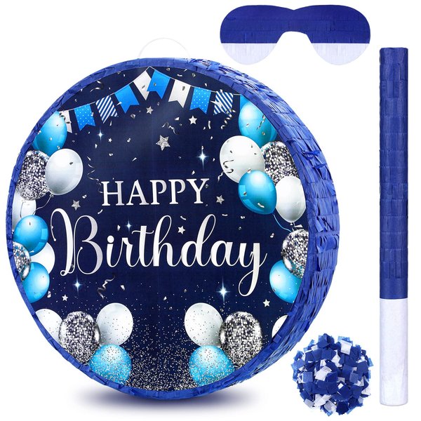 Sinmoe Birthday Piñata with Stick Blindfold and Confetti for Boys Girls Men Women Birthday Party Supplies(Blue and Silver)