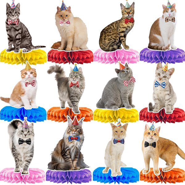 HigzYovn 12 Pcs Cat Honeycomb Centerpieces Cat Birthday Decorations,Cat Party Decoration Lovely Pet Cat Themed Birthday Party Decor for Kitten Birthday Party
