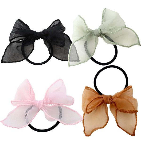 4 Pack Organza Bow Hair Ties Chiffon Bowknot Scrunchies Styling Head Wear Ribbon Hair Bows Ponytail Holder for Women Scrunchy Chiffon Ribbon Hair Accessories