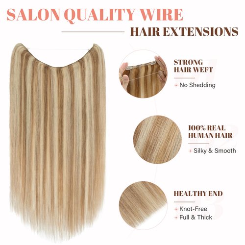 Rich Choices Wire In Hair Extensions Human Hair One Piece Secret Fish Line Hair Piece Halo Hair Extensions Real Human Hair Long Silky Straight #12P613 Golden Brown&Bleach Blonde 18 Inch
