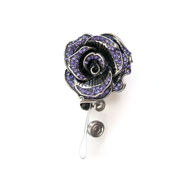 Sizzle City New Colorful Sparkly Rose Rhinestone Retractable Badge Reel/Rhinestone ID Badge Holder (Purple Sparkly Rose)