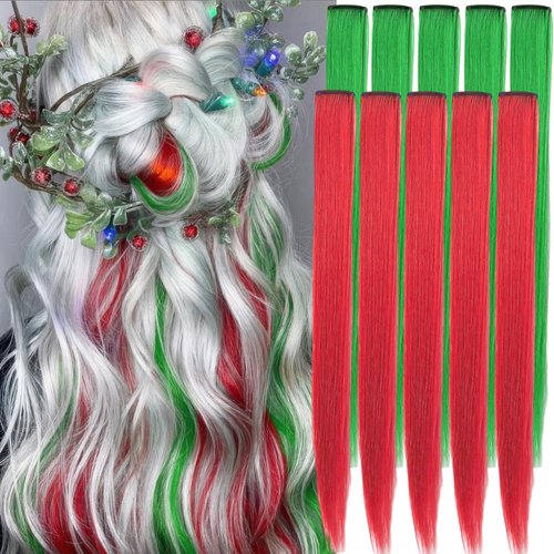 21" Christmas Colored Clip in Hair Extensions Red Green Highlights Clip in Synthetic Hairpieces Colorful Straight Clip on Hair Extensions Hair Accessories for Women Girls Christmas Party 10 Pcs