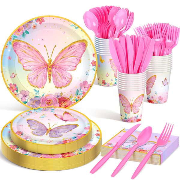 Meanplan Serves 24 Guests Butterfly Fairy Plates and Napkins Birthday Baby Shower Party Decorations for Girls Included Cups Knives Forks Spoons Total 168 Pcs (Butterfly Style)