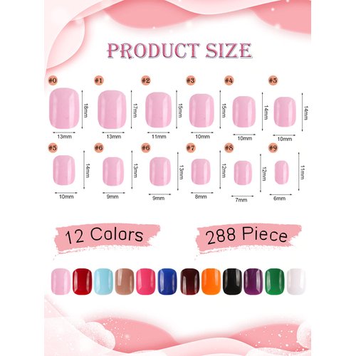 288 Piece Kids Short Press on Nails, Wsimily 12 Colors Little Girls Round Square False Nails Acrylic Full Cover Fake Nails with Nail Adhesive Tabs, Children Women Girls Artificial Fingernails Decor