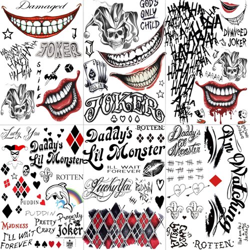 VANTATY 6 Sheets 3D Joker Tattoos For Men Adults Women, Halloween Temporary Tattoos For Women Girls Boys, Fake Tattoo Stickers Halloween Face Makeup Kit Cosplay Costume, Gothic Damaged Joker Tattoo
