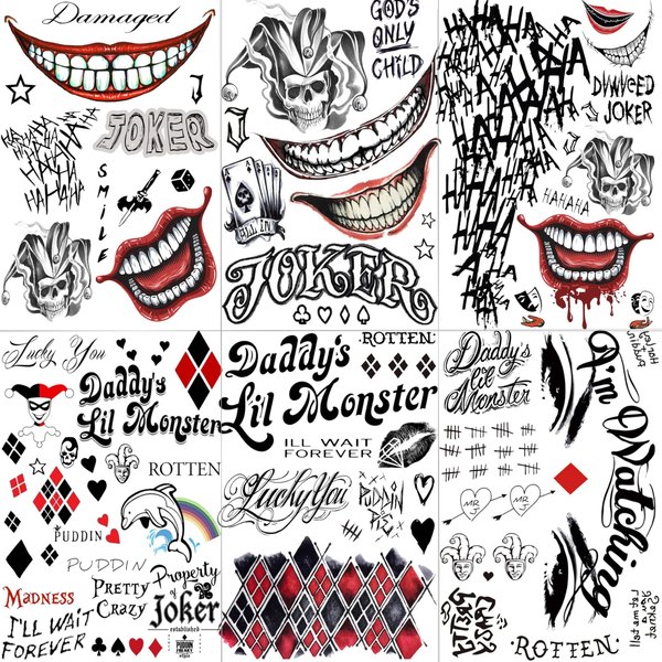 VANTATY 6 Sheets 3D Joker Tattoos For Men Adults Women, Halloween Temporary Tattoos For Women Girls Boys, Fake Tattoo Stickers Halloween Face Makeup Kit Cosplay Costume, Gothic Damaged Joker Tattoo