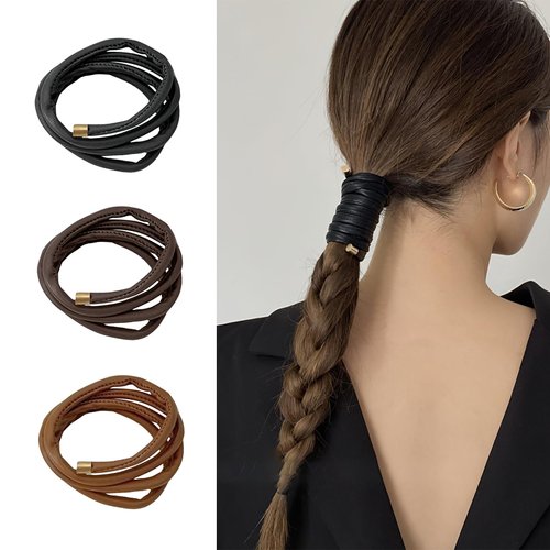 Boxkat 3 Pcs Leather Spiral Lock Bendable Wire Hair Ties Wrap Ponytail Braid Holders Stand Hair Band French Styling Hair Hairbands Rope Ponytail Decor Accessory for Women Girls