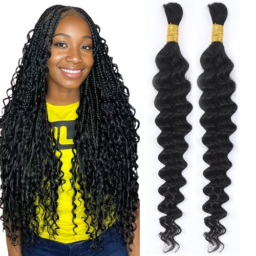 Human Hair for boho Braids 16 Inch 2 Bundles Deep Wave Bulk Human Braiding Hair 10A Brazilian Virgin Human Hair Extensions for Boho Braids Wet and Wavy Human Braiding Hair Black