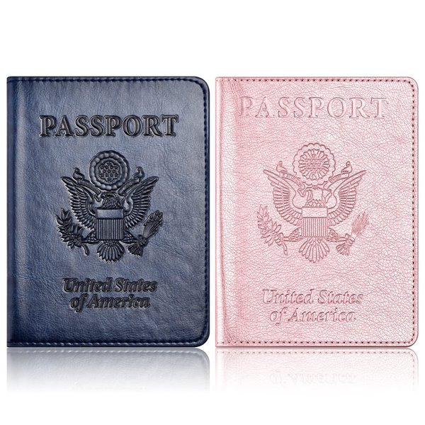 Eoehro 2Pack Passport Wallet with Vaccine Card Slot, Faux Leather, Dark blue+Rose gold, Unisex