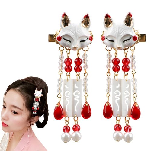 GUDEKIKL 2Pcs Cartoon Animal Tassel Hairclips, Vintage Chinese Hanfu Hairpin, Creative Bead Tassel Hair Barrettes, Japanese Cosplay Props Women Headwear