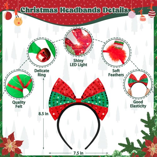6 PCS Light Up Christmas Headband, LED Lights Christmas Headwear, Reindeer Antler Santa Hat Christmas Tree Leprechaun Hat Bow Hair Hoop for Xmas Holiday Party Favors Adults Kids Christmas