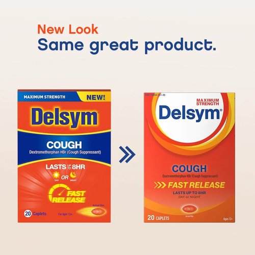 Delsym Maximum Strength Cough Suppressant, Fast Release Caplets, Lasts up to 8 Hour Day or Night, 20 Count