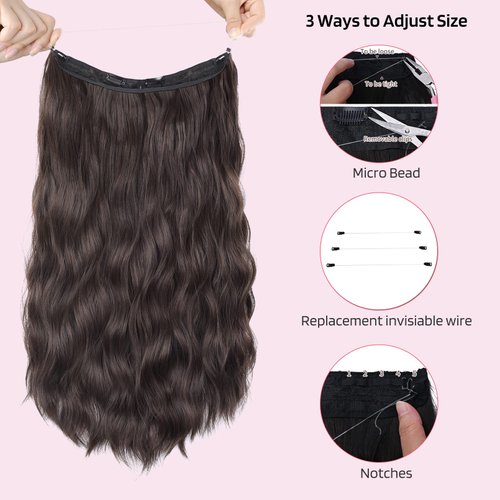 HOOJIH Invisible Wire Hair Extensions 2 Ways Adjustable Headband Size Curly Wavy Invisible Short Wire Hairpiece 12 Inch 90 Gram for Women -Dark Brown