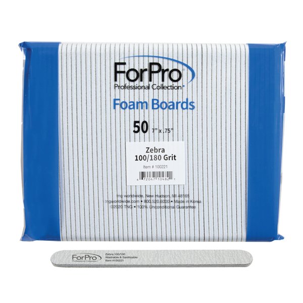 ForPro Professional Collection Zebra Foam Board, 100/180 Grit, Double-Sided Manicure Nail File, 7" L x .75" W 50-Count
