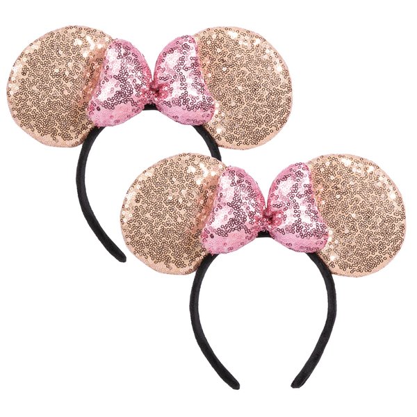 CHuangQi Mouse Ears Shiny Headbands 3D Bow (Pack of 2), Double-sided Sequins Hair Band for Birthday Party/Holiday Dress Up/Amusement Park (Pink Bow Champagne Ear)