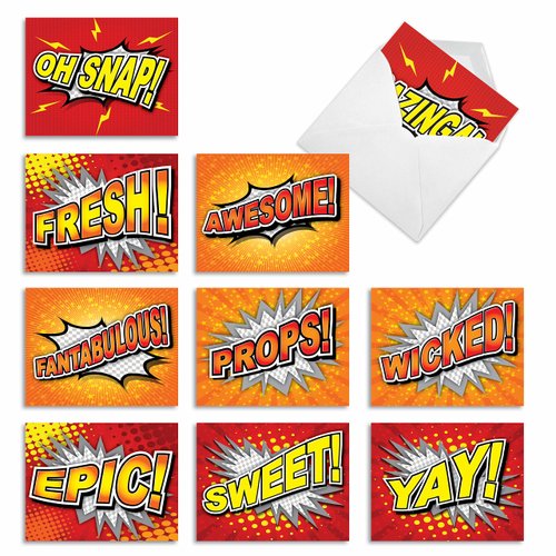 The Best Card Company - 10 Blank Note Cards for Kids (4 x 5.12 Inch) - Cute Assorted Boxed Notecards, Fun Child Cards - Word Bursts M2033