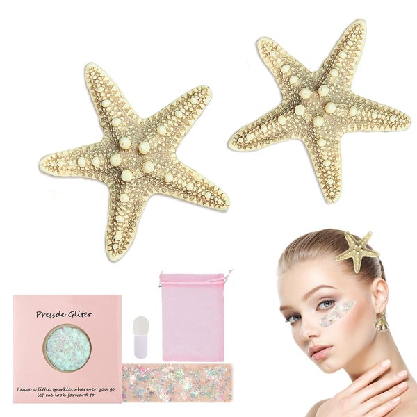 2PC Halloween Starfish Hairpin & Facial Body Glitter Set & Pink Gift Bag Suitable for Female Girls' Mermaid Costumes, 4-in-1 Mermaid Accessories and Gift Bag