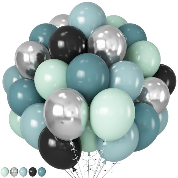 HILAVO Dusty Blue and Black Balloons 60pcs 12 Inch Race Car Slate Light Pale Blue Green Black Metallic Silver Latex Helium Balloon for Boys Race Car Fast Birthday Safari Baby Shower Party Decorations
