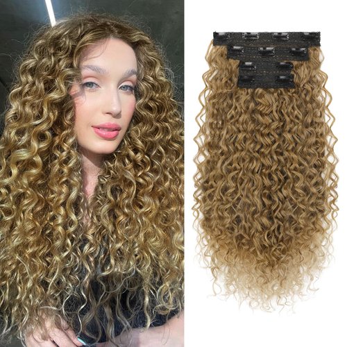 Clip in Hair Extensions, FLUFYMOOZ 4PC 100％ Pure Protein Silk Hair Extensions Long Soft Natural Hairpiece 20 Inch Curly Hair Extension for Women (Dark Blonde to Light Brown)