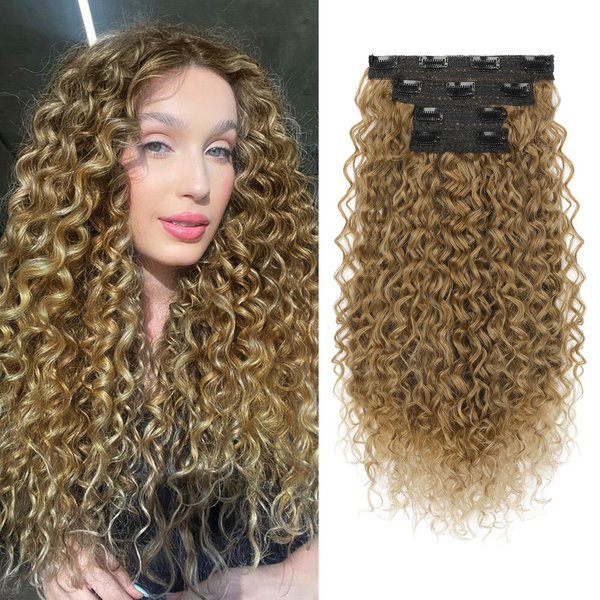 Clip in Hair Extensions, FLUFYMOOZ 4PC 100％ Pure Protein Silk Hair Extensions Long Soft Natural Hairpiece 20 Inch Curly Hair Extension for Women (Dark Blonde to Light Brown)
