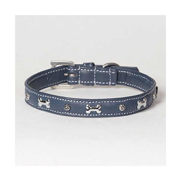 Small Soft Blue Napa Leather Padded Decorated Azzurro Dog Collar - Fits 12" - 14" Neck Size