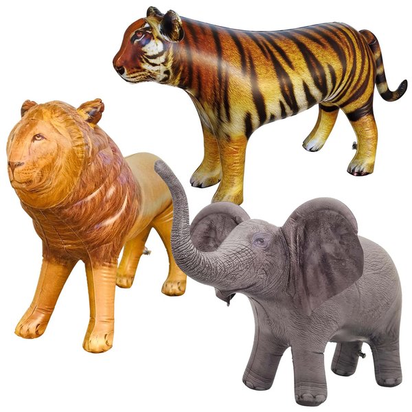Jet Creations Inflatable Safari Animals, 3-Pack Realistic Lion, Tiger, and Elephant Vinyl Inflatable, Jungle Theme Birthday Decorations, Wild Safari Backdrop, Pool Party Decoration