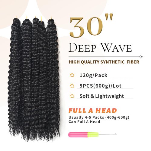 BLL Curly Braiding Hair For Boho Braids Ocean Wave Crochet Hair Human Hair Blend 5 Packs Deep Wave Long Wavy Braiding Synthetic Hair Extensions For Black Women (30 Inch(Pack of 5), 1B)
