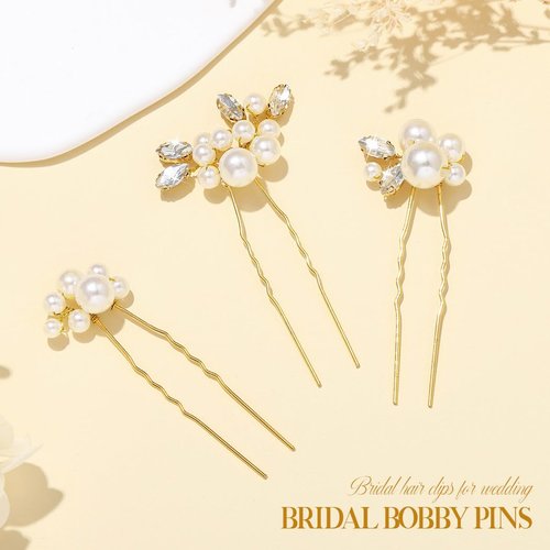 Kilshye Pearl Bride Wedding Hair Pins Gold Rhinestone Bridal Hair Pieces Crystal Prom Hair Accessories for Women and Girls (Pack of 3) (Gold)
