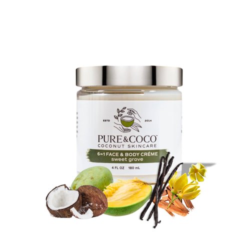 PURE & COCO: Sweet Grove 6-in-1 Best Face Moisturizer for Women's Dry Skin | Body Lotion for Dry Skin & Skin Repair | Ultra Rich Daily Face Moisturizer | Organic Coconut Oil | Set of 2, 4 oz Jars