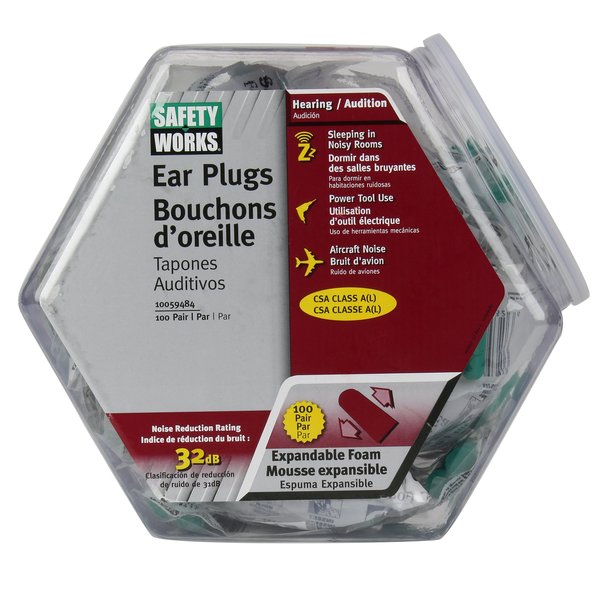 Safety Works 10059484 Expandable Foam Ear Plugs in Counter Display, 100-Pair, Green