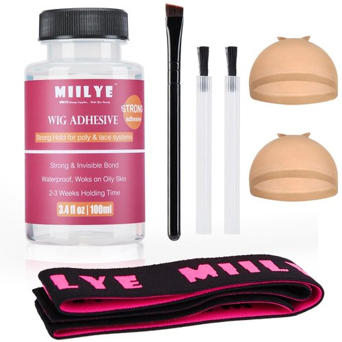 MIILYE Clear Wig Glue Pack, 100ml/ 3.4OZ Waterproof| Invisible Toupee Hair Bonding Glue, Strong Hold Acrylic Adhesive for Front Lace Wig, Pack of Lace Glue with Lace Melting Band, Brush and Wig Caps
