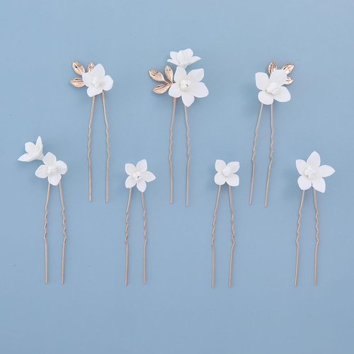 7 Pieces U shaped Vintage Gold Leaf Hair Pins for Women Handmade New Material Polymer Clay Flower Wedding Hair Pins Bridal Accessories Jewelry