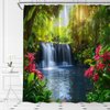Forest Waterfall Shower Curtain Nature Green Tree Flower Jungle Rainforest Spring Summer Garden Natural Landscape Fabric Bathroom Decor Set,70x70 inch