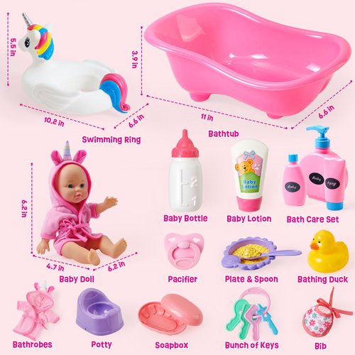 G.C Baby Doll Bath Set Toys with Bathtub & Unicorn Float & Bathrobe Feeding Caring Doll Accessories Toys Playset Toddlers Pretend Play Gifts for Girls Kids 3 4 5 6+ Years Old