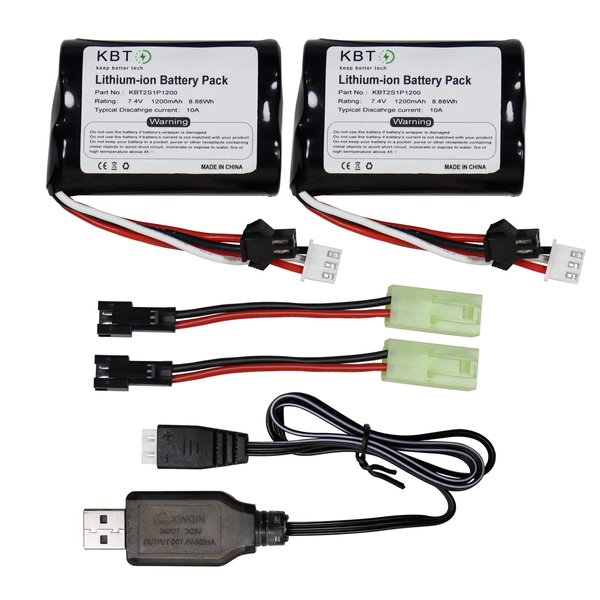 KBT RC Car Lithium Battery: 7.4V 1200mAh Rechargeable Li-ion Battery,10A Discharge Current, with SM -2P Plug,SM to EL 4.5mm 2Pin Cable & Charging Cable for RC Cars Crawler - 2Pack