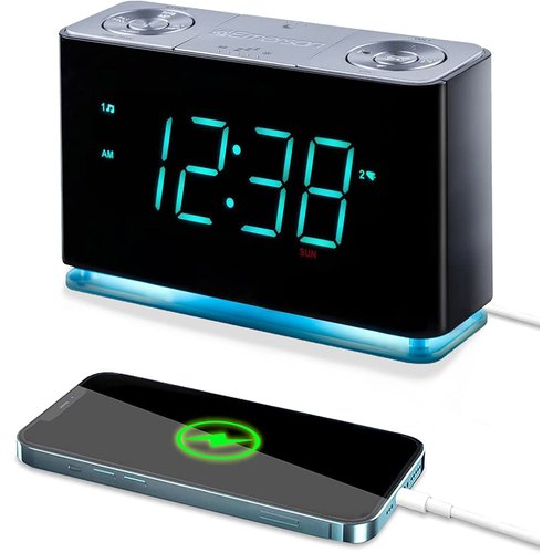 Emerson Smartset Alarm Clock Radio with Bluetooth Speaker with USB Port for iPhone/iPad/iPod/Android and Tablets, 1.4" Cyan LED Display and Night Light, ER100301