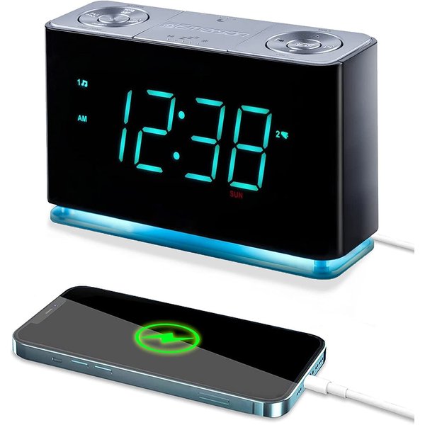 Emerson Smartset Alarm Clock Radio with Bluetooth Speaker with USB Port for iPhone/iPad/iPod/Android and Tablets, 1.4" Cyan LED Display and Night Light, ER100301