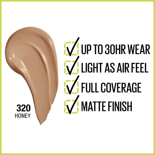 Maybelline Super Stay Full Coverage Liquid Foundation Active Wear Makeup, Up to 30Hr Wear, Transfer, Sweat & Water Resistant, Matte Finish, Honey, 1 Count