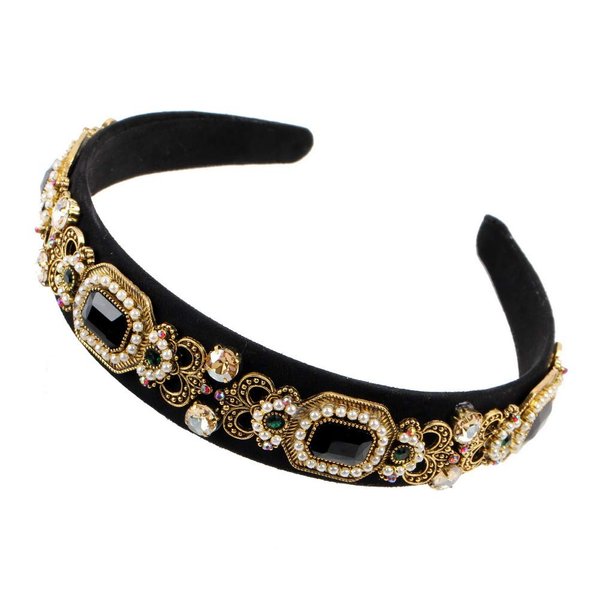 Simulated Pearl Bead Vintage Crystal Headbands for Women Fashion Rhinestone Flower Leaf Alloy Metal Charm Hairbands Hair Jewelry (black)