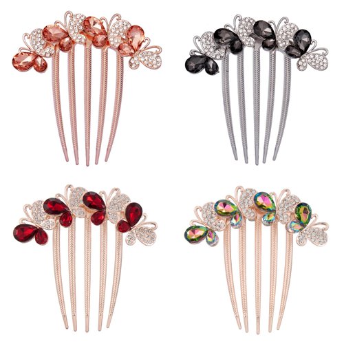 Hair Side Comb Crytal Hair Pins for Bridal, Butterfly Rhinestone Hair Clips Wedding Flower Hair Decorations Hair Tools for Brides Bridesmaids Women Girls (4 Pack)