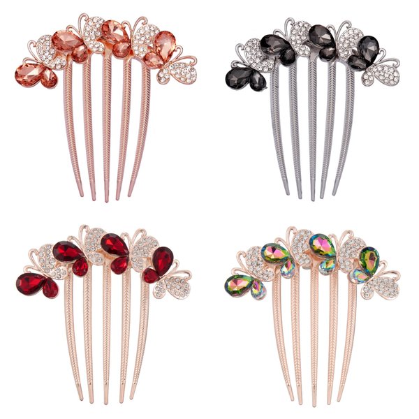 Hair Side Comb Crytal Hair Pins for Bridal, Butterfly Rhinestone Hair Clips Wedding Flower Hair Decorations Hair Tools for Brides Bridesmaids Women Girls (4 Pack)