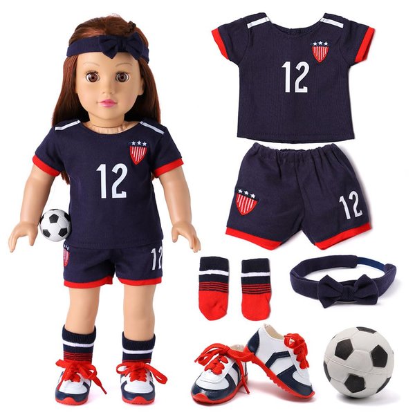 18-inch Girl Doll Clothes Accessories - Team USA 6 Piece Soccer Uniform Clothing Includes Headband,Shirt,Shorts, Socks,Shoes and Football Fits 18" Dolls