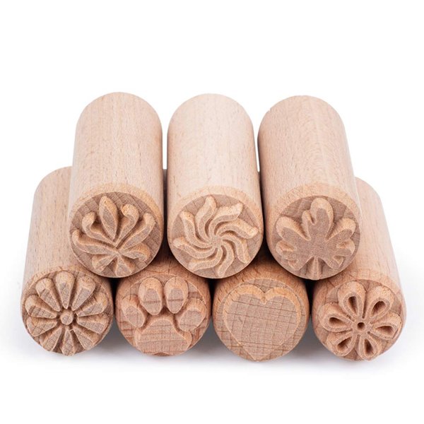 OLYCRAFT 7PCS 2x0.8 Inch Wood Pottery Tools Stamps Clay Stamps Column Wooden Stamps Natural Wood Stamps with Mixed Patterns Round Pottery Stamps Wooden Pottery Stamp for Clay and Ceramic