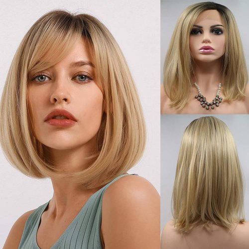 xiweiya Short Light Blonde Synthetic Lace Front Wigs with Dark Roots Ombre Blonde Golden Bob Soft Wig Heat Resistant Fiber Hair Replacement Wig Women Drag Queen Makeup 14inch