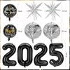 HOWAF New Years Eve Party Supplies 2025 Disco New Years Decorations, Black Silver New Years Backdrop Happy New Year Banner 2025 Balloons New Year Disco Foil Balloons 2025 NYE Decorations Kit