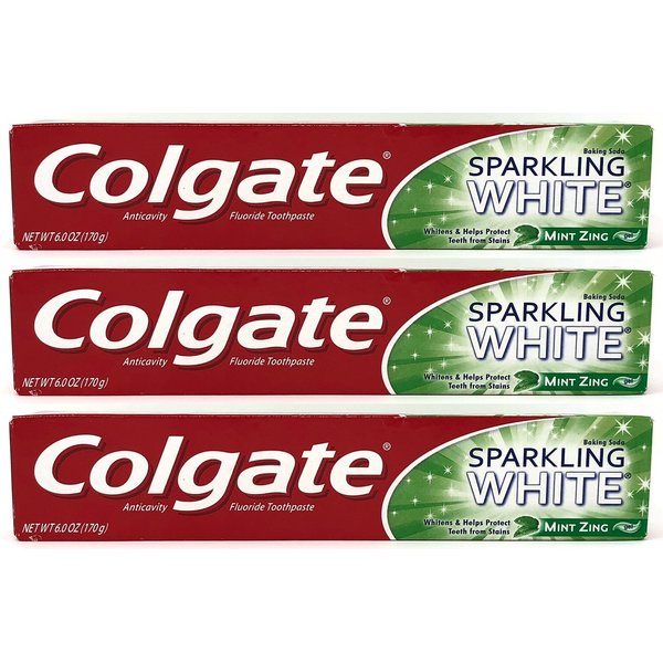 Colgate Sparkling White Baking Soda Anticavity Fluoride Gel Toothpaste, Mint Zing, 6 oz (Pack of 3)